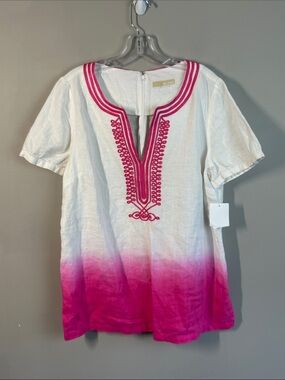 NWT Michael Michael Kors White And Pink Embroidered Linen Tunic Size 12 Summer